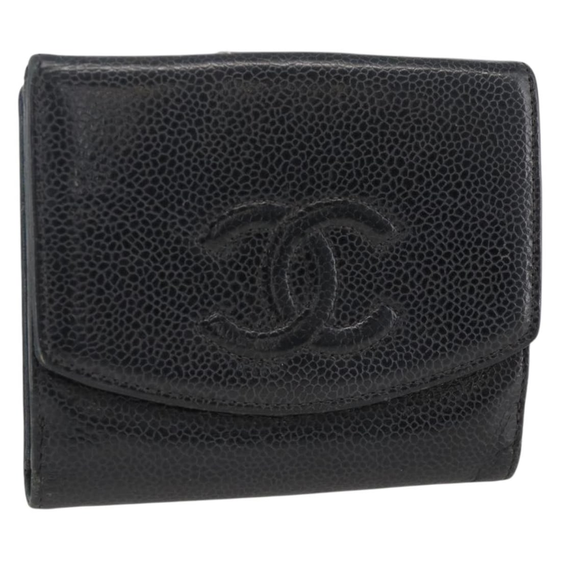 Chanel Black Caviar Leather Bifold Wallet with Gold CC Logo: Chanel Black Caviar Leather Bifold Wallet with Gold CC Logo This CHANEL bifold wallet is crafted from black caviar grained calfskin and features gold-tone CC detailing. Designed for women, the wallet 