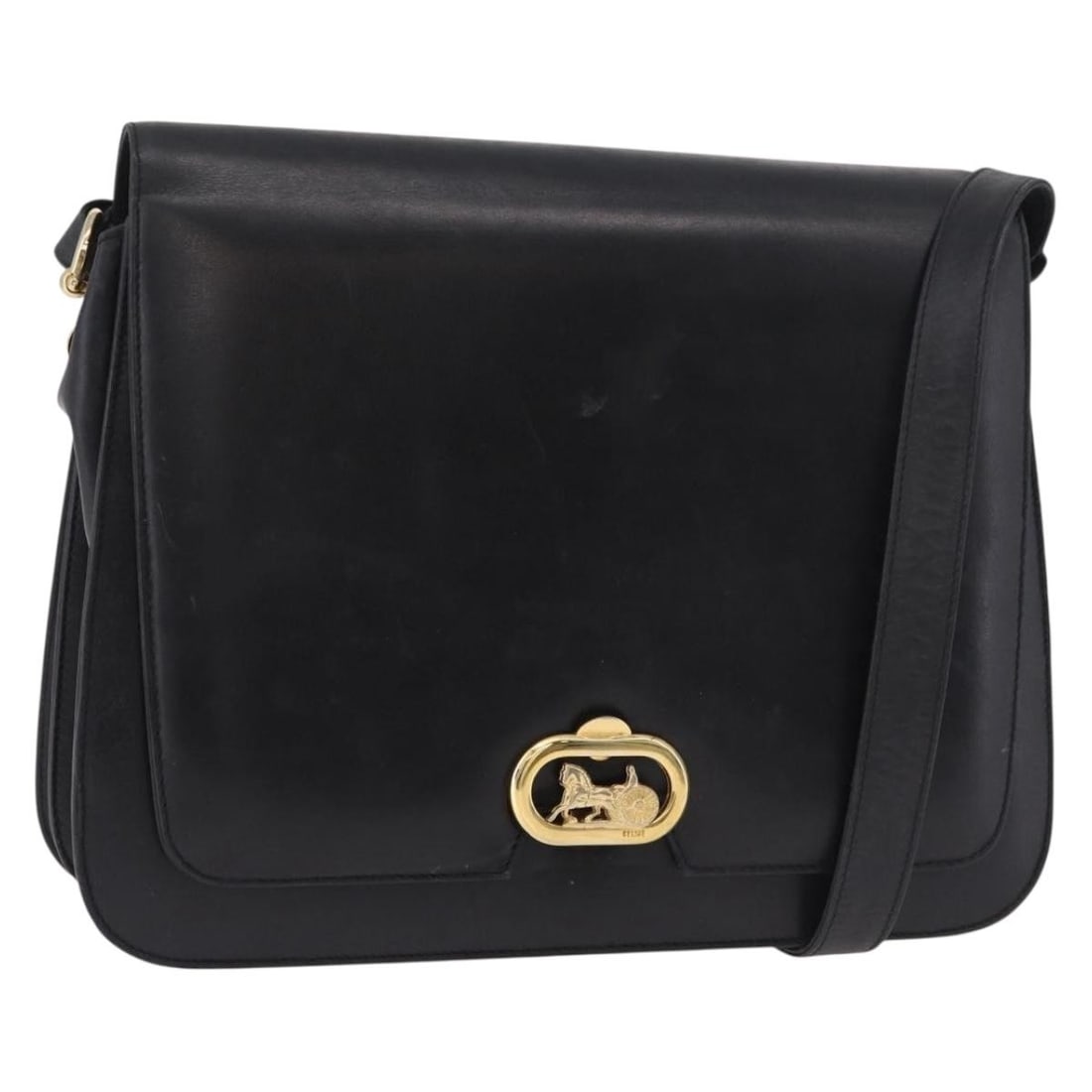 CELINE black leather shoulder bag with horse carriage gold tone: CELINE black leather shoulder bag with horse carriage gold tone Authentic CELINE horse carriage shoulder bag in black leather with gold-tone accents. Made in Italy, this women's shoulder bag is sold a