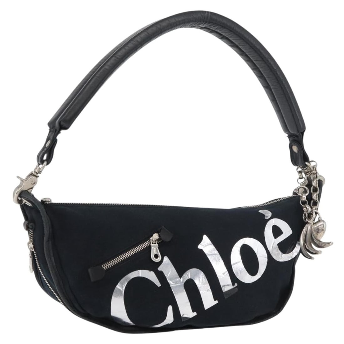Chloe Canvas Shoulder Bag Black Silver Tone Charm Italy: Chloe Canvas Shoulder Bag Black Silver Tone Charm Italy Chloe shoulder bag in black and silver canvas, made in Italy. It features a shoulder strap with an approximate 24 cm drop and comes with a charm