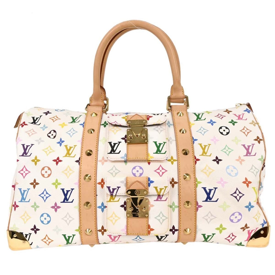 Louis Vuitton Keepall 45 White Monogram Multicolor Hand Bag M92641: Louis Vuitton Keepall 45 White Monogram Multicolor Hand Bag M92641 Louis Vuitton Keepall 45 handbag in white Monogram Multicolor canvas with leather trim and double handles. This women's handbag featu