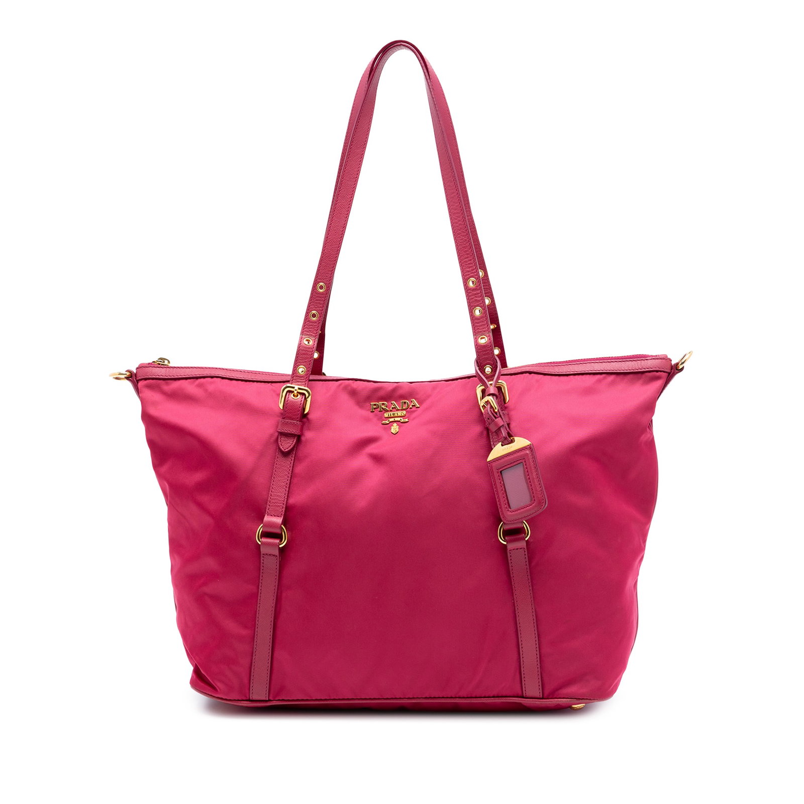 Prada Tessuto Satchel Pink Nylon with Saffiano Leather Trim: Prada Tessuto Satchel Pink Nylon with Saffiano Leather Trim Prada Saffiano Trimmed Tessuto Satchel in pink, made with a nylon body and saffiano leather trim. It features flat leather shoulder straps, 