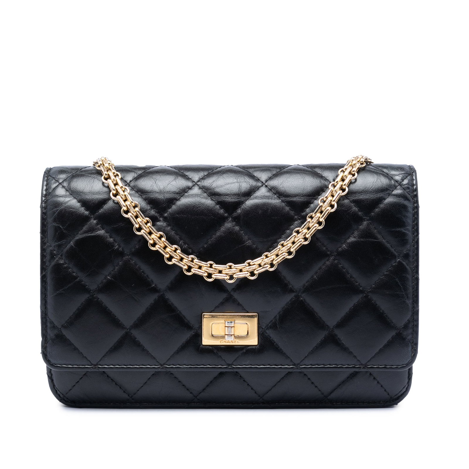 Chanel Reissue 2.55 Quilted Calfskin Wallet on Chain Black: Chanel Reissue 2.55 Quilted Calfskin Wallet on Chain Black Chanel Reissue 2.55 wallet on chain in black quilted aged calfskin. This bag features a chain link shoulder strap, a front flap with metal tw