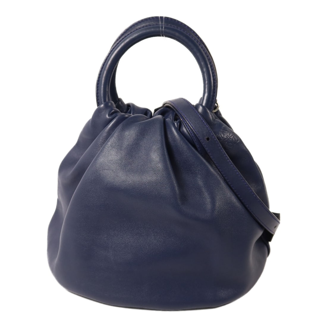 LOEWE Bounce Bucket 2 Way Shoulder Bag Blue Lambskin: LOEWE Bounce Bucket 2 Way Shoulder Bag Blue Lambskin A LOEWE 2-way shoulder bag in blue lambskin (sheep leather) with a bucket-style design. It features a shoulder strap, a magnetic pocket, and two op