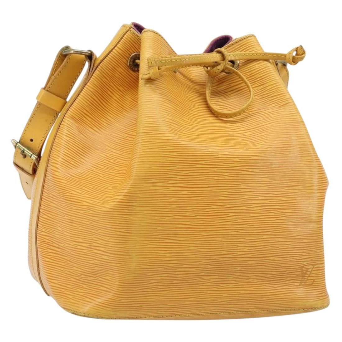 Louis Vuitton Petit Noe Yellow Leather Bucket Bag: Louis Vuitton Petit Noe Yellow Leather Bucket Bag This Louis Vuitton Petit Noe handbag is crafted from yellow Epi leather and designed for women. It features a classic bucket silhouette with a drawstr