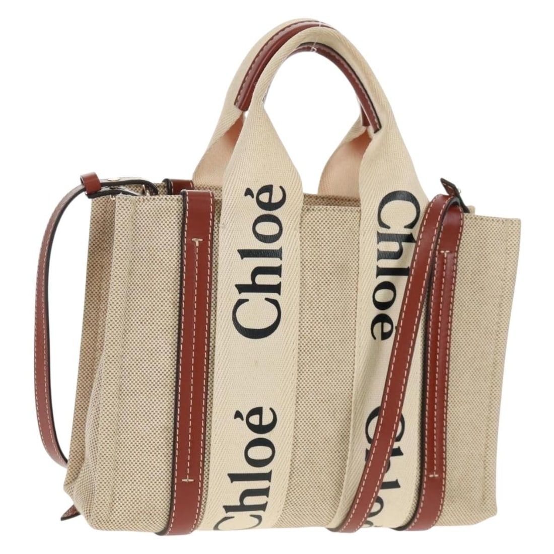 Chloe Woody 2way Canvas Hand Bag Beige Gold Italy: Chloe Woody 2way Canvas Hand Bag Beige Gold Italy Chloe Woody 2-way handbag in beige and gold canvas. Made in Italy, this women's bag features both top handles and a shoulder strap for versatile carry