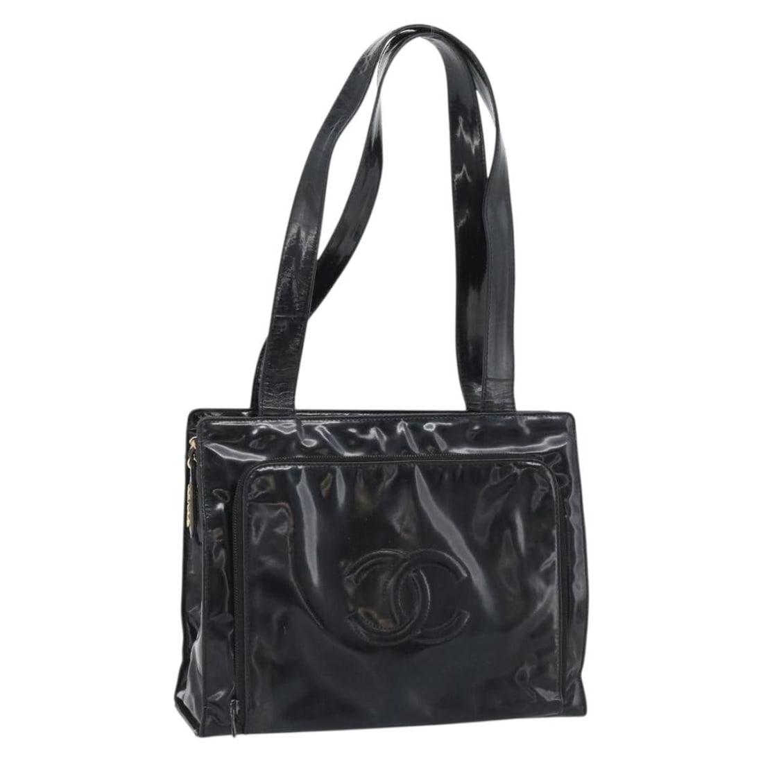 CHANEL Enamel Tote Bag Black Gold CC Italy: CHANEL Enamel Tote Bag Black Gold CC Italy Authentic CHANEL tote bag in black enamel with gold-tone CC detailing. Made in Italy, this women's tote has a heavily used condition with visible wear throug
