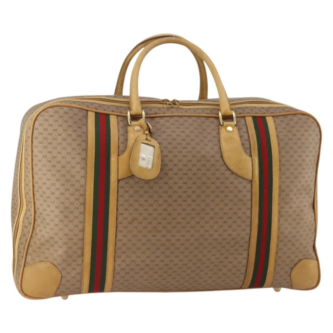 Gucci Sherry Line Boston Bag in Beige Micro GG PVC Leather: Gucci Sherry Line Boston Bag in Beige Micro GG PVC Leather Authentic Gucci Micro GG Supreme Web Sherry Line Boston bag in beige PVC leather with Micro Small GG canvas. This women's bag includes a name