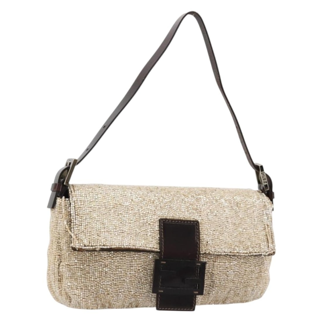 Fendi Mamma Baguette Canvas Shoulder Bag Ivory Silver Beaded: Fendi Mamma Baguette Canvas Shoulder Bag Ivory Silver Beaded FENDI Mamma Baguette shoulder bag in ivory and silver canvas, made in Italy. It comes with a dust bag and features a shoulder strap with an