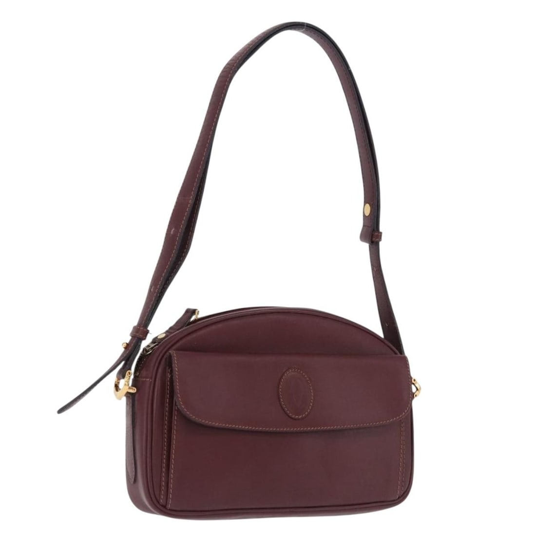 Cartier Must Line leather shoulder bag in bordeaux with guarantee card: Cartier Must Line leather shoulder bag in bordeaux with guarantee card Cartier Must Line shoulder bag in bordeaux leather with gold-tone accents. Made in Spain, this women's shoulder bag includes the 