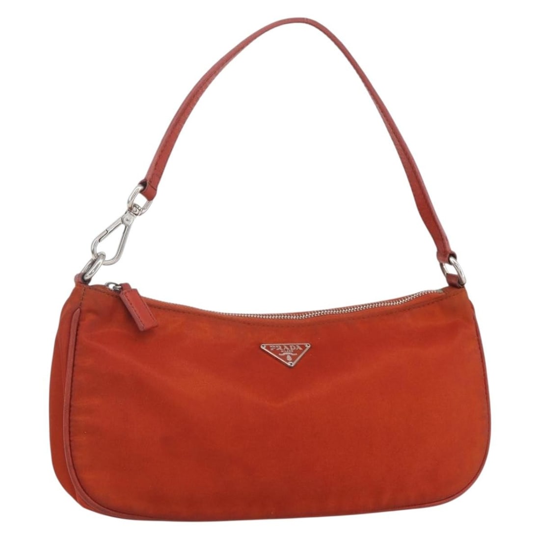 Prada Nylon Accessory Pouch Orange Silver Made in Italy: Prada Nylon Accessory Pouch Orange Silver Made in Italy Prada accessory pouch in orange nylon with silver-tone accents. Made in Italy, this women's pouch shows heavy use with visible shape loss, rubbi