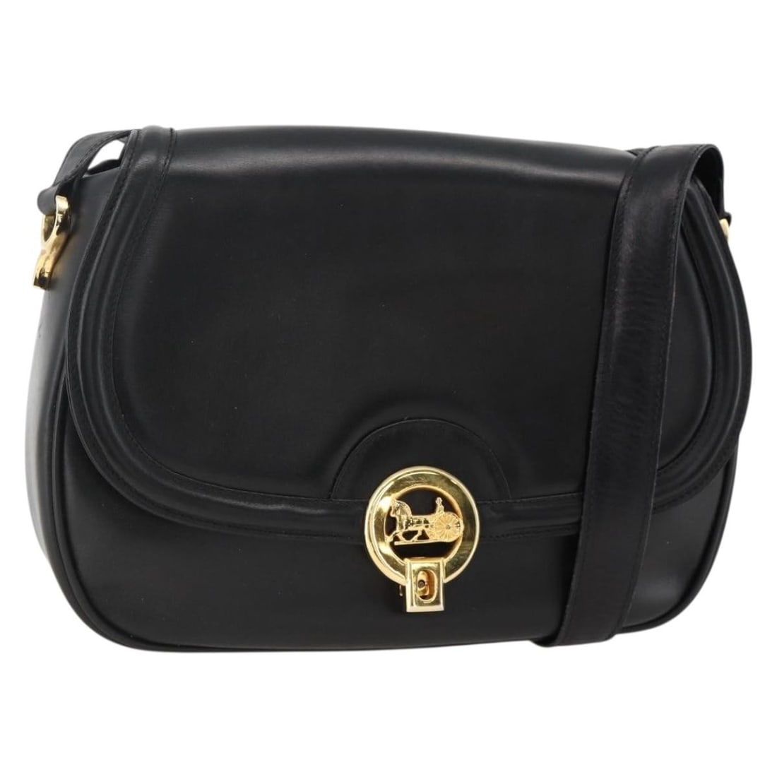 CELINE Horse Carriage Black Leather Shoulder Bag Gold Trim: CELINE Horse Carriage Black Leather Shoulder Bag Gold Trim This CELINE Horse Carriage shoulder bag is crafted from black leather with gold-tone accents. Designed for women, it features a structured si