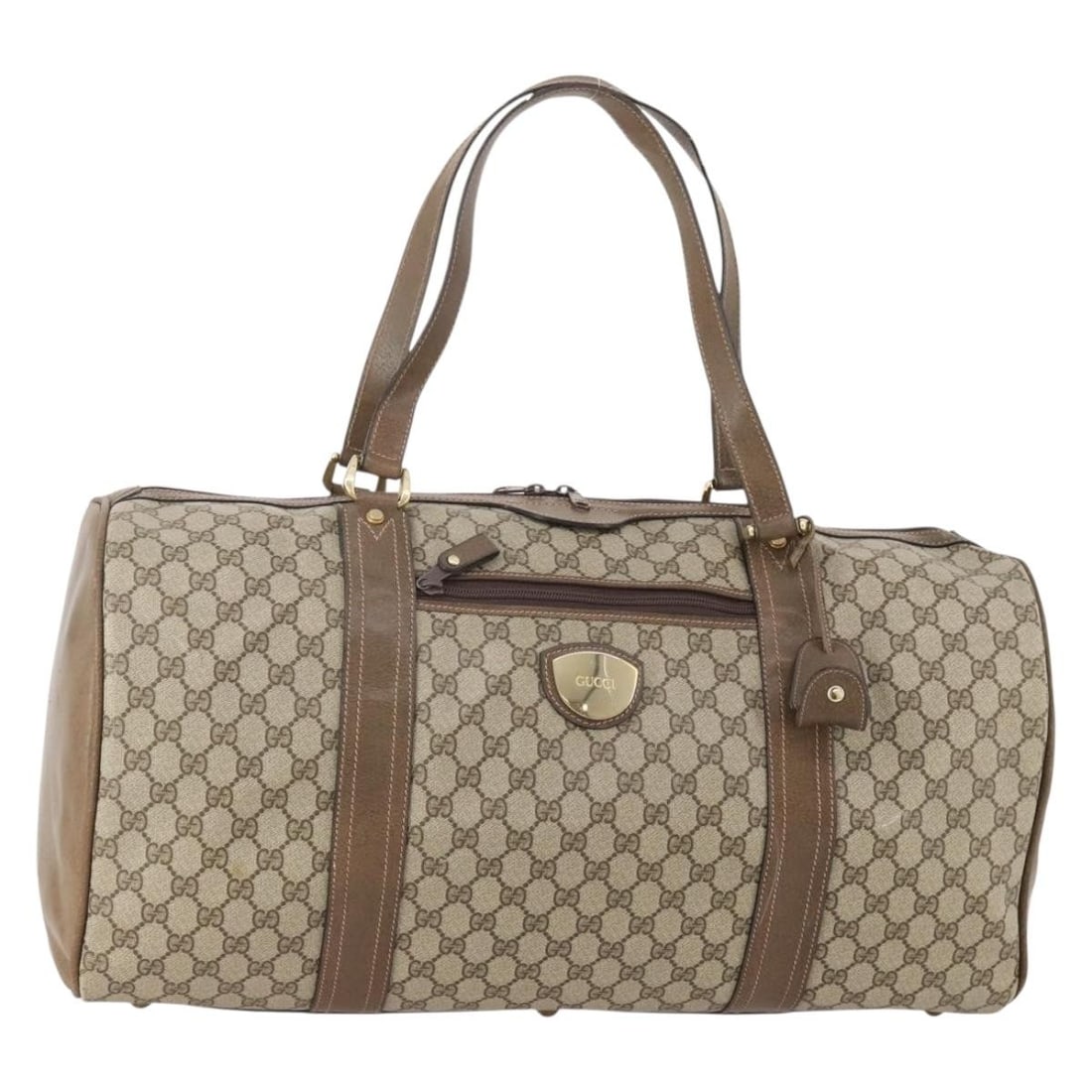 Gucci GG Supreme beige gold Boston bag with padlock and keys: Gucci GG Supreme beige gold Boston bag with padlock and keys This GUCCI GG Supreme Boston Bag features a durable PVC leather and GG canvas exterior in beige and gold tones. Designed for women, the bag