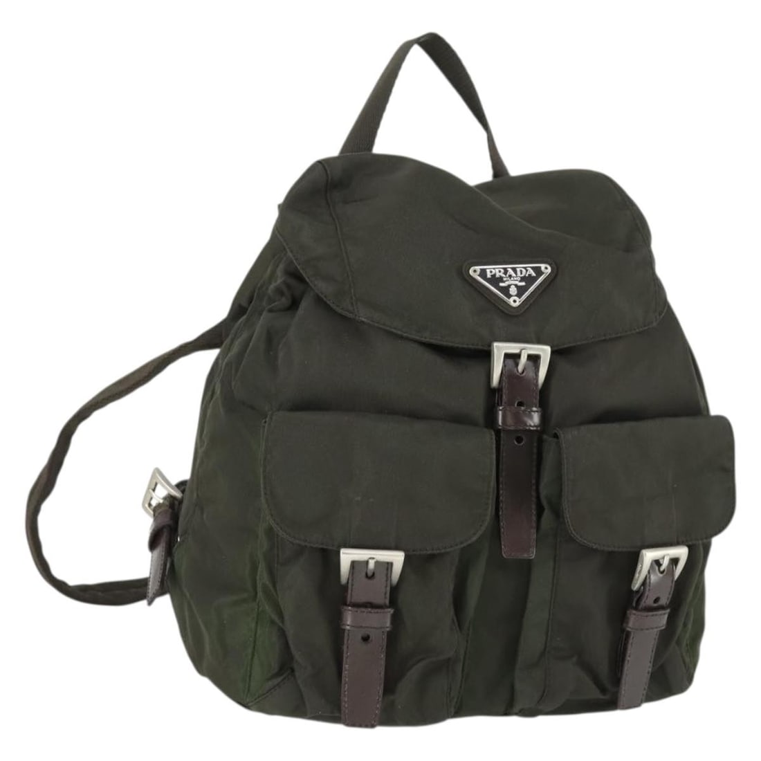 PRADA Khaki Silver Nylon Backpack Made in Italy: PRADA Khaki Silver Nylon Backpack Made in Italy Authentic Prada nylon backpack in khaki with silver-tone accents, made in Italy. This women's backpack is a heavily used piece with visible wear through
