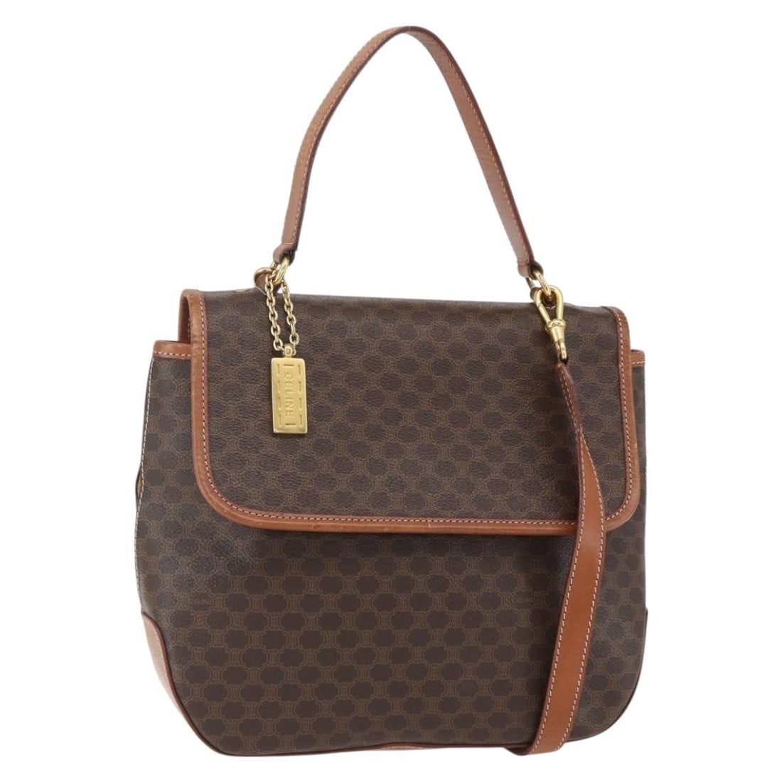Celine Macadam Brown PVC Canvas Shoulder Handbag with Gold Details and 2way Strap: Celine Macadam Brown PVC Canvas Shoulder Handbag with Gold Details and 2way Strap This is an authentic CELINE Macadam canvas 2-way handbag crafted from brown PVC leather with gold-tone accents. Made i