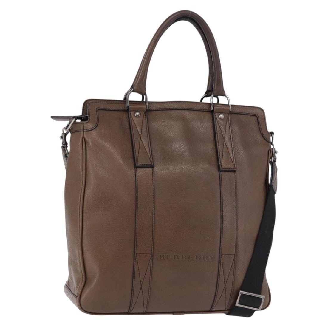 Burberry Leather Tote Shoulder Bag Brown Silver 2way: Burberry Leather Tote Shoulder Bag Brown Silver 2way Burberry tote bag in brown and silver leather with a 2-way design. It comes with a shoulder strap and features the stated dimensions and drop measu