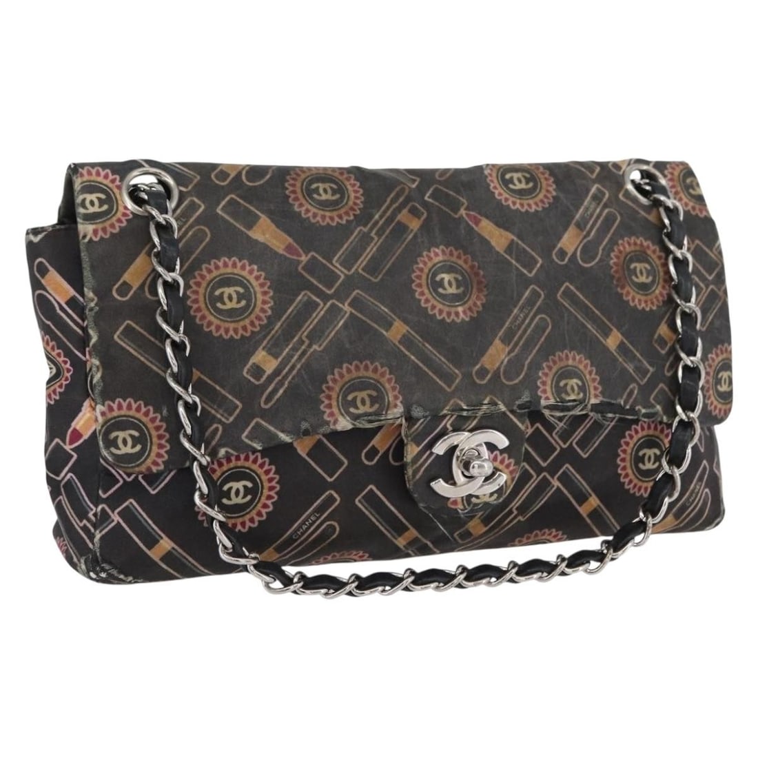 Black Satin CHANEL Shoulder Bag with Silver Chain and CC Logo: Black Satin CHANEL Shoulder Bag with Silver Chain and CC Logo This CHANEL chain shoulder bag features a black satin exterior with silver-tone accents and a silver CC logo. Designed for women, the bag 