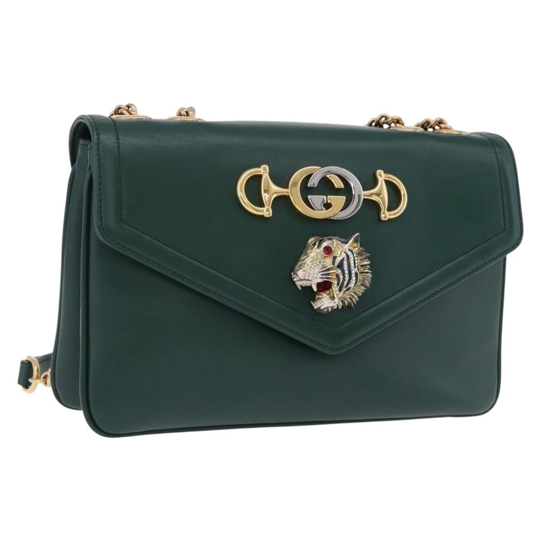 Gucci 537241 Rajah Leather Shoulder Bag Green Gold Tone: Gucci 537241 Rajah Leather Shoulder Bag Green Gold Tone Gucci Rajah Chain Shoulder Bag in green and gold leather, made in Italy. This women's shoulder bag features the Rajah line design and measures a