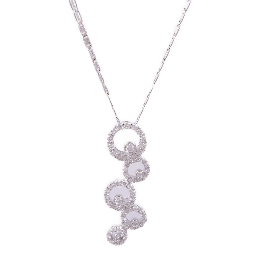 18K White Gold Diamond Necklace for Women: 18K White Gold Diamond Necklace for Women A women's necklace in K18WG white gold with diamond accents and a clear finish. The piece features a pendant motif with multiple circular designs and is prese