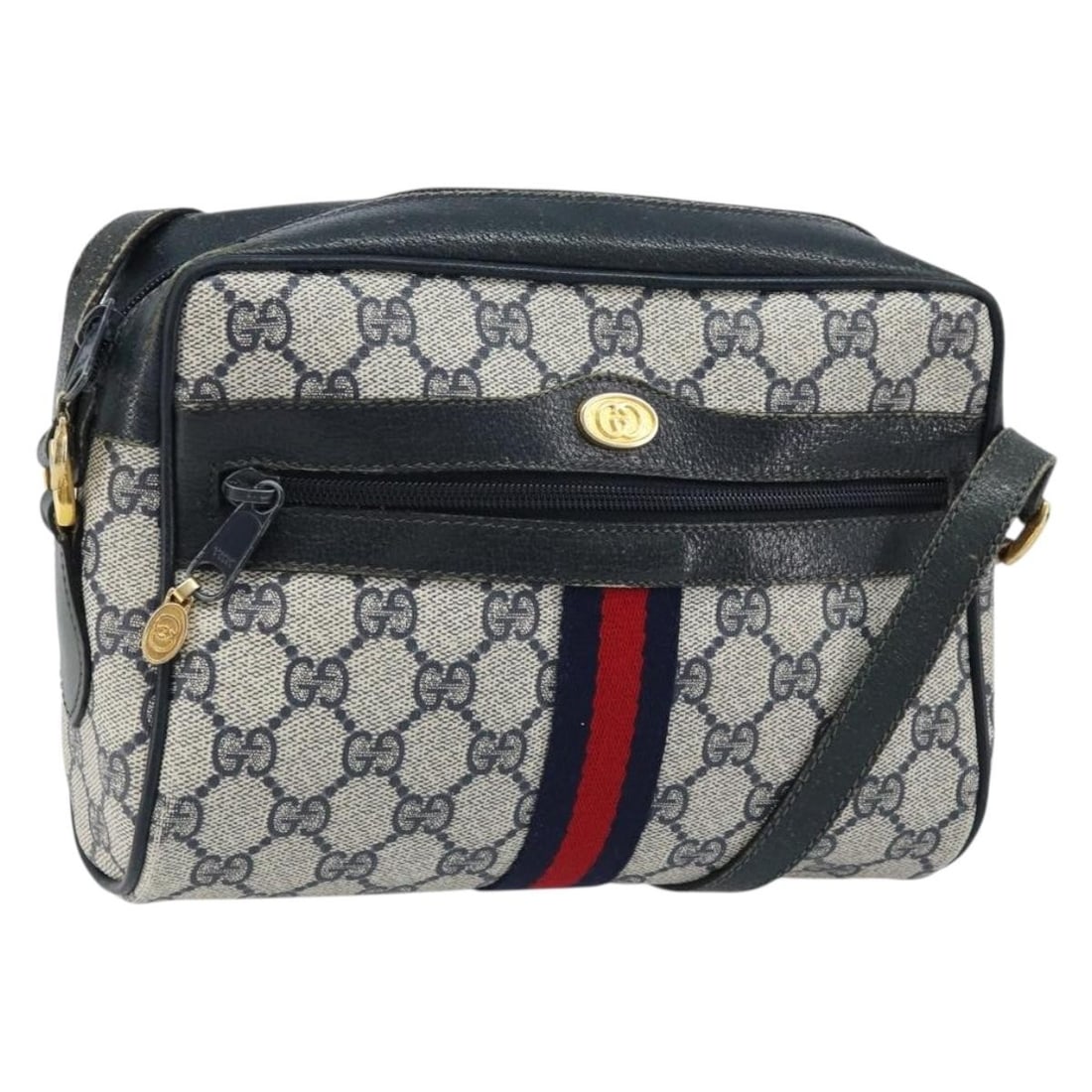Gucci Sherry Line Navy Gold PVC Leather Shoulder Bag 56 02 004: Gucci Sherry Line Navy Gold PVC Leather Shoulder Bag 56 02 004 This Gucci GG Supreme Sherry Line shoulder bag features a navy and gold color scheme, crafted from PVC leather and GG canvas. The bag is 