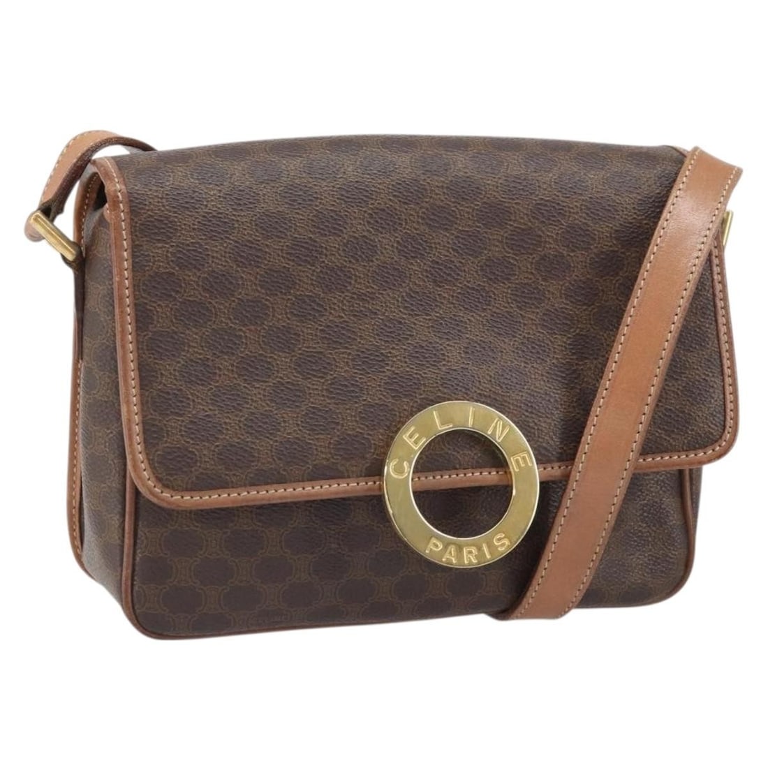 CELINE Macadam Circle Shoulder Bag Brown PVC Leather Gold Tone: CELINE Macadam Circle Shoulder Bag Brown PVC Leather Gold Tone Celine Macadam canvas circle shoulder bag in brown with gold-tone accents. This women's shoulder bag is made in Italy and features a PVC 