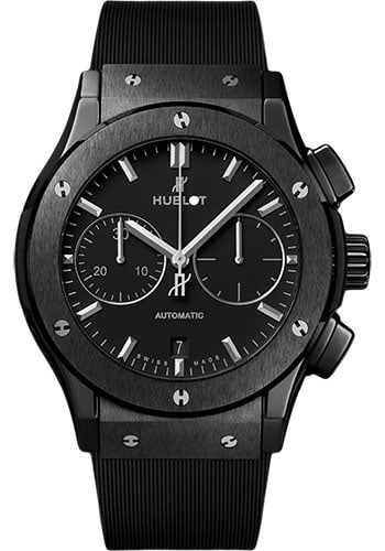 Hublot 521.CM.1171.RX Classic Fusion Black Magic mens watch rubber strap: Hublot 521.CM.1171.RX Classic Fusion Black Magic mens watch rubber strap Hublot Classic Fusion Black Magic men's watch with a black dial, fixed ceramic bezel, and rubber strap with fold clasp. Include