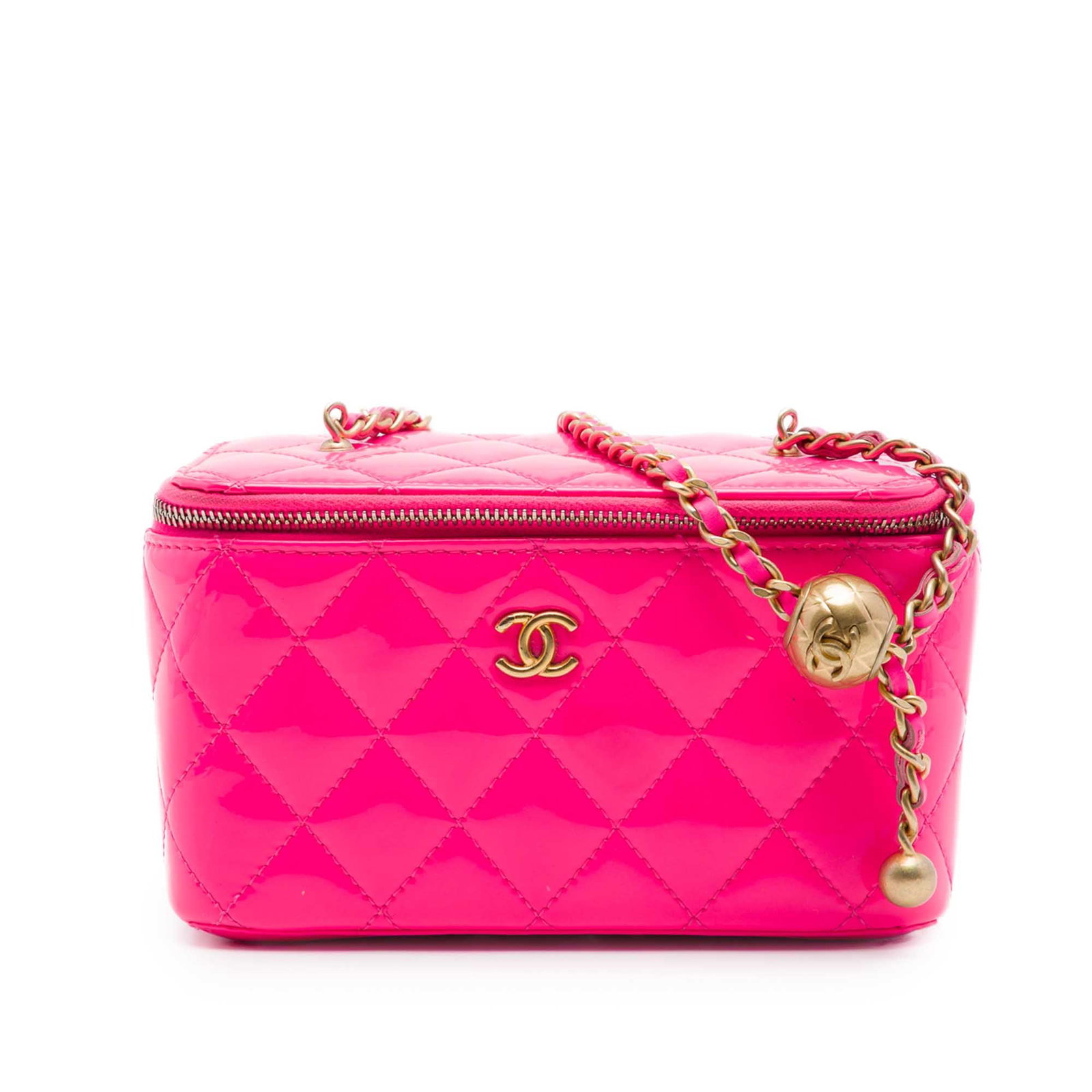 Chanel Pearl Crush Small Patent Quilted Vanity Crossbody Bag Pink: Chanel Pearl Crush Small Patent Quilted Vanity Crossbody Bag Pink Small Chanel vanity case in pink quilted patent leather with a leather-woven chain strap and zip-around closure. The interior includes