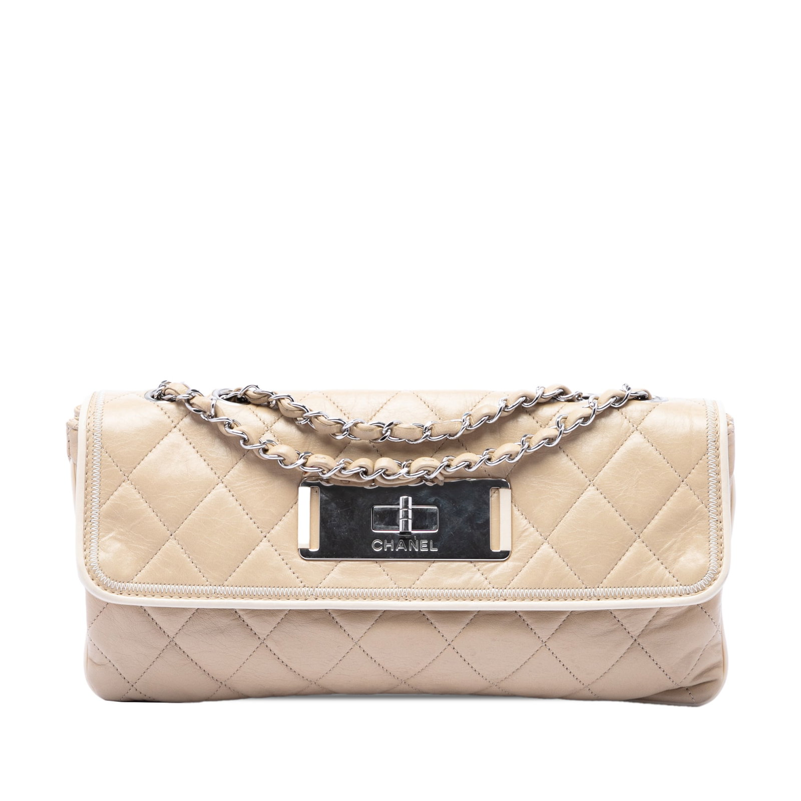 Chanel East West Mademoiselle Flap Quilted Lambskin Shoulder Bag: Chanel East West Mademoiselle Flap Quilted Lambskin Shoulder Bag Chanel Quilted Lambskin East West Mademoiselle Flap shoulder bag in beige. This bag features a quilted lambskin leather body, leather-w