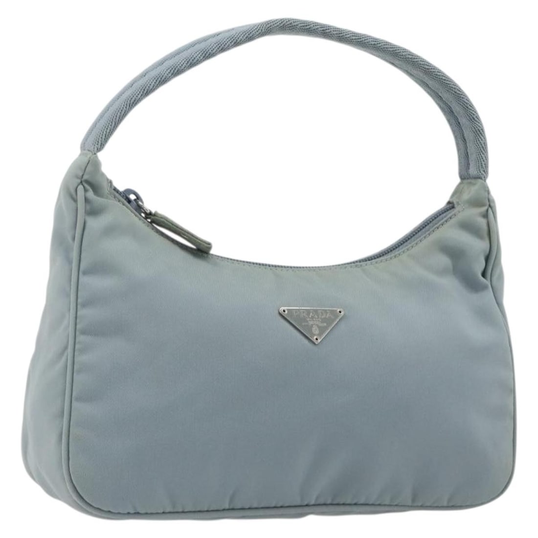 Prada Nylon Pouch Light Blue Silver Made in Italy: Prada Nylon Pouch Light Blue Silver Made in Italy Authentic Prada women's nylon hand pouch in light blue and silver. This made-in-Italy pouch has a compact silhouette and shows heavy signs of use, inc