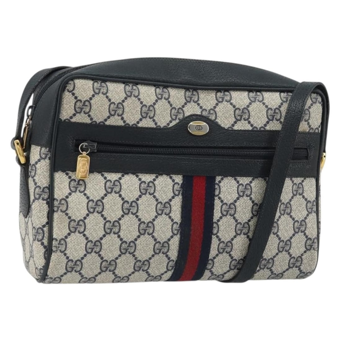 GUCCI Sherry Line Shoulder Bag GG Canvas PVC Leather Navy Red Gold: GUCCI Sherry Line Shoulder Bag GG Canvas PVC Leather Navy Red Gold Gucci GG Supreme Sherry Line shoulder bag in navy, gold, and red with PVC leather and GG canvas construction. This women's bag is mad