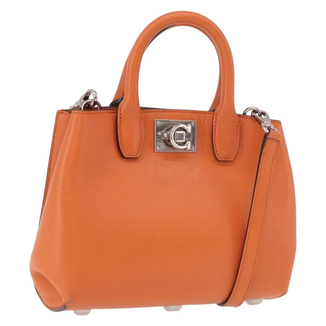 Salvatore Ferragamo Gancini Orange Leather 2way Handbag Silver Tone: Salvatore Ferragamo Gancini Orange Leather 2way Handbag Silver Tone Salvatore Ferragamo Gancini 2-way handbag in orange leather with silver-tone accents. Made in Italy, this women's bag can be carried