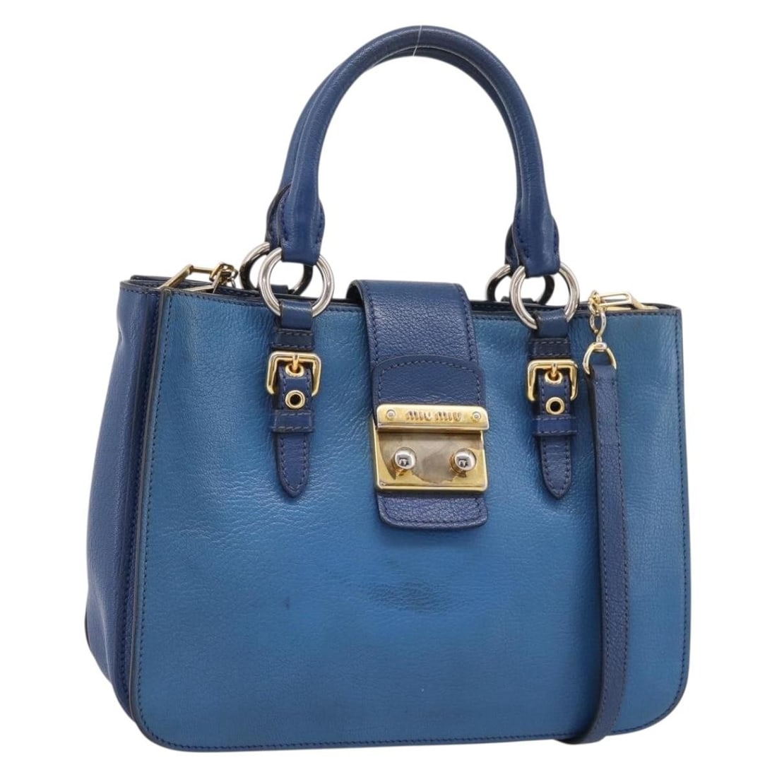 Miu Miu Blue Leather 2way Handbag with Shoulder Strap: Miu Miu Blue Leather 2way Handbag with Shoulder Strap Blue leather Miu Miu 2-way handbag with gold-tone accents and a shoulder strap. Made in Italy, this women's bag shows heavy use with visible wear 