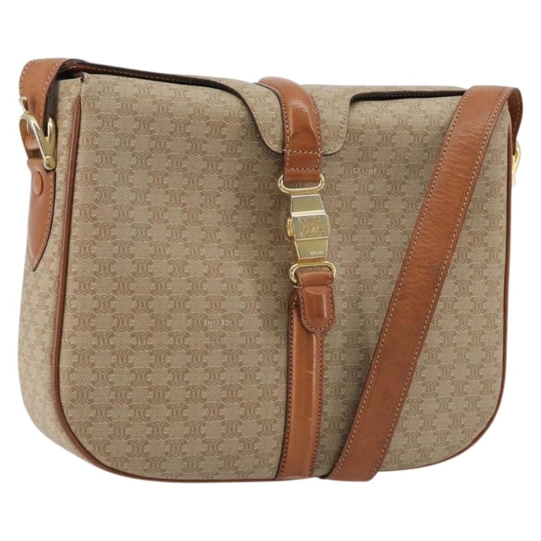 CELINE Macadam Shoulder Bag Beige PVC Leather Italy 175173: CELINE Macadam Shoulder Bag Beige PVC Leather Italy 175173 Celine Macadam canvas shoulder bag in beige and gold with PVC leather trim. Made in Italy, this women's shoulder bag is offered without the o