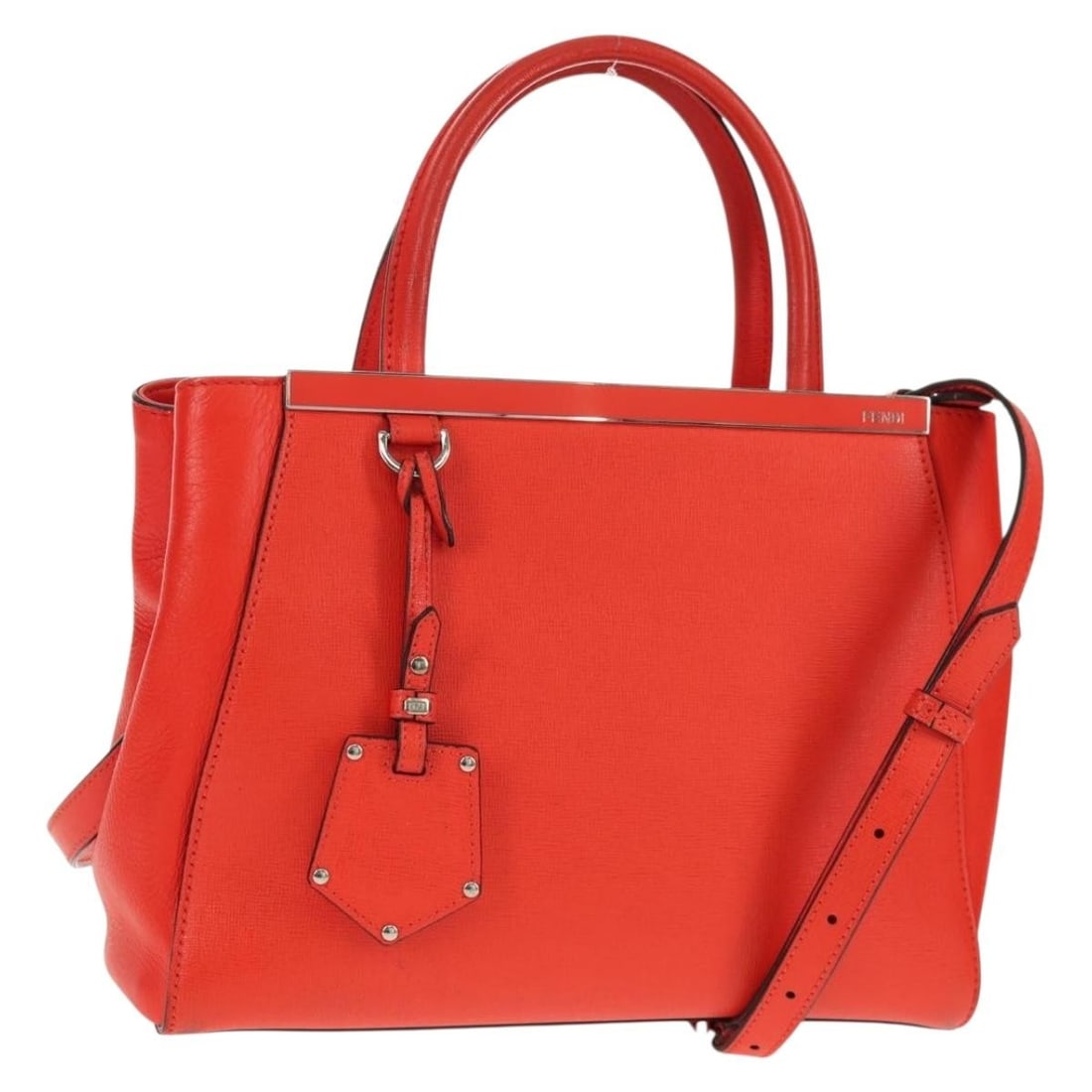 Fendi 2 Jours Red Leather Two Way Handbag with Silver Tone Hardware: Fendi 2 Jours Red Leather Two Way Handbag with Silver Tone Hardware This FENDI 2 JOURS handbag features a leather exterior in red and silver tones. Designed for versatility, it can be carried by hand 