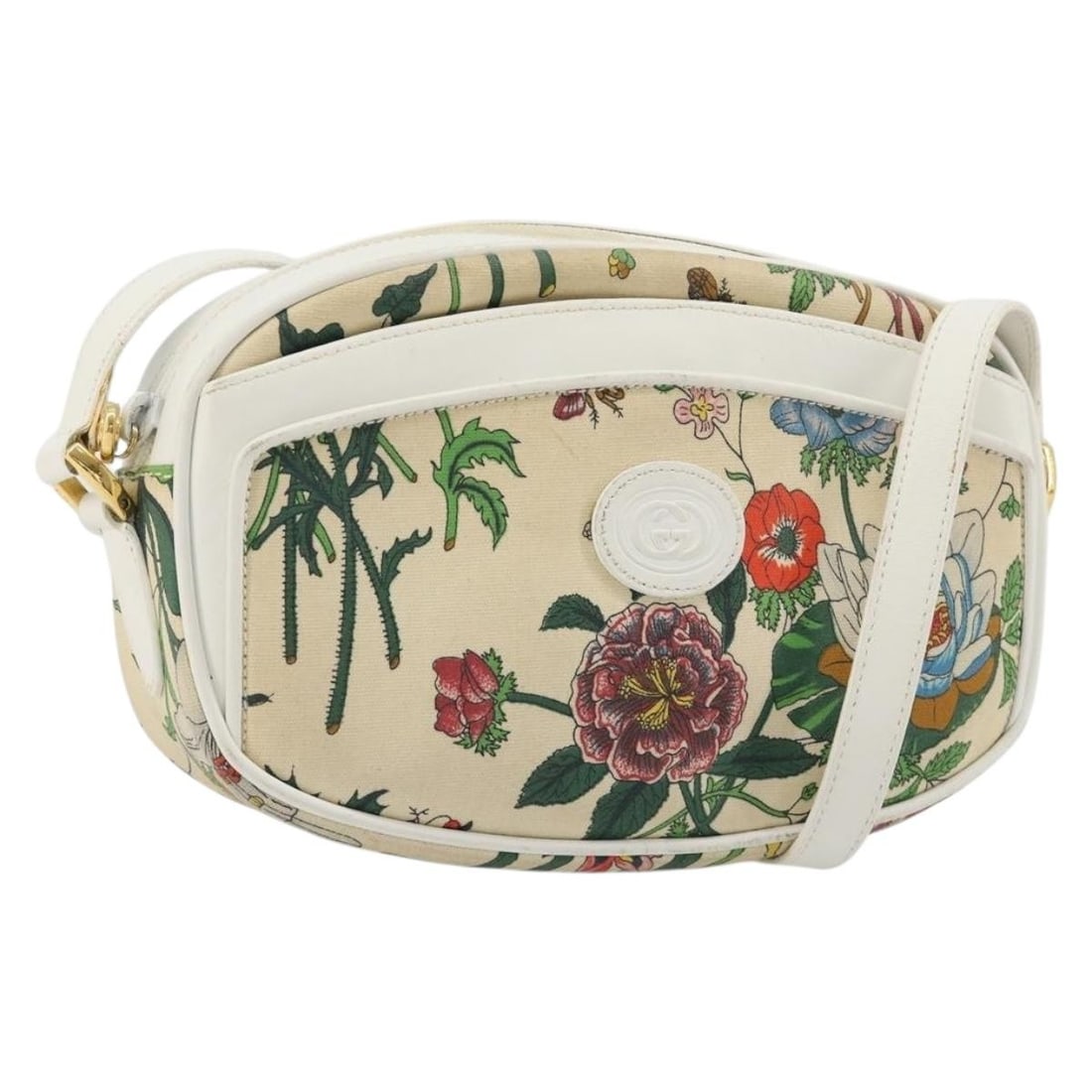 Gucci White Gold Flora PVC Shoulder Bag Italy: Gucci White Gold Flora PVC Shoulder Bag Italy This GUCCI Flora shoulder bag features a white and gold PVC leather exterior, offering a stylish and compact design. The bag is crafted in Italy and inclu