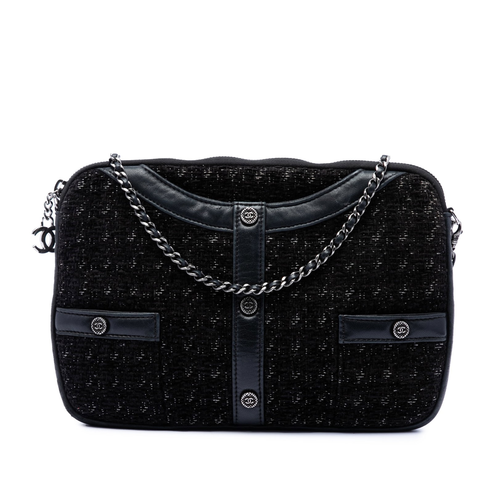 Chanel Girl Jacket Clutch on Chain Black Tweed Crossbody Bag: Chanel Girl Jacket Clutch on Chain Black Tweed Crossbody Bag Limited Edition Tweed Girl Jacket Clutch on Chain crossbody bag in black. This bag features a tweed body, a leather-woven chain shoulder st