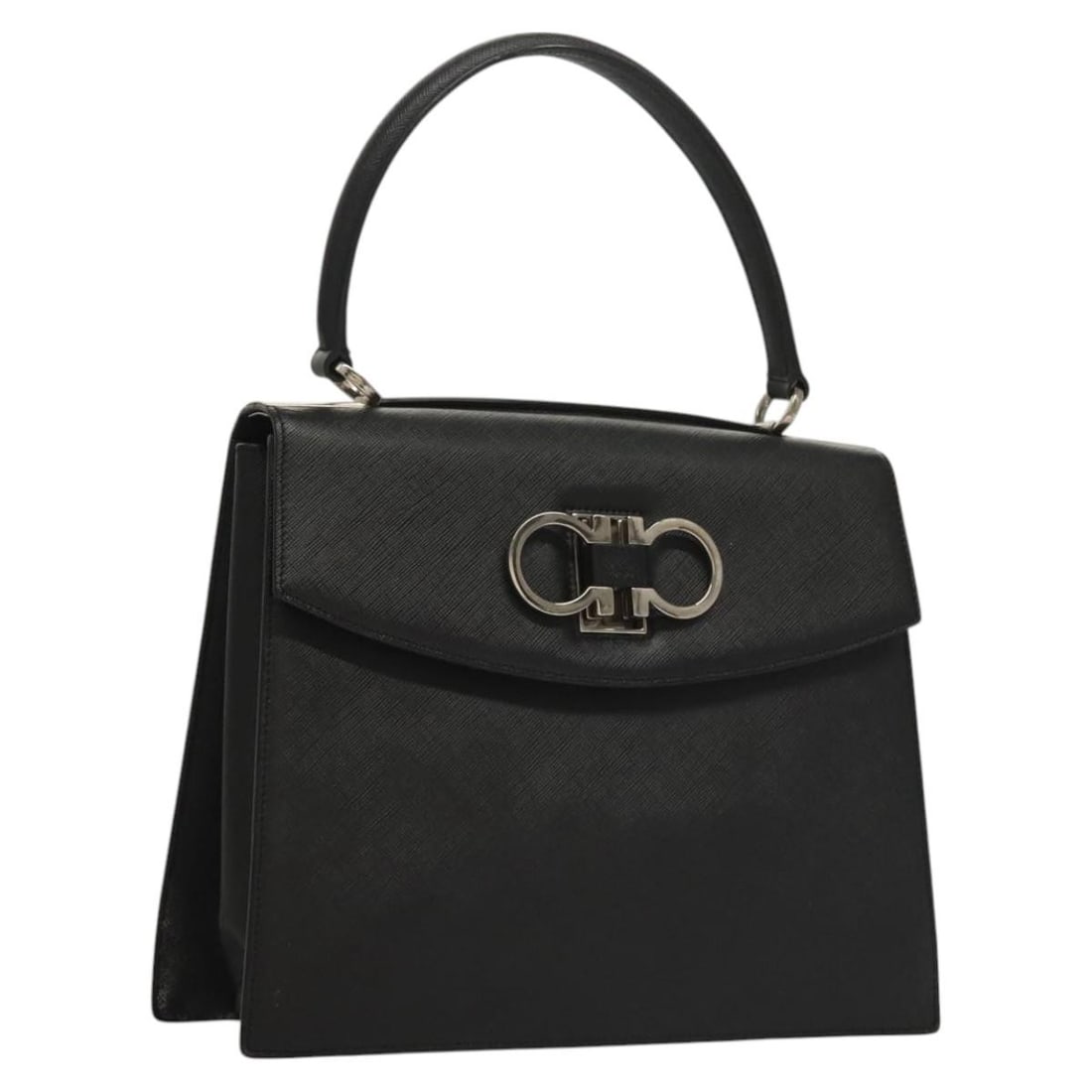 Black Leather Hand Bag Salvatore Ferragamo Gancini Silver Tone: Black Leather Hand Bag Salvatore Ferragamo Gancini Silver Tone Salvatore Ferragamo Gancini handbag in black leather with silver-tone accents. Made in Italy, this women's handbag is offered without the