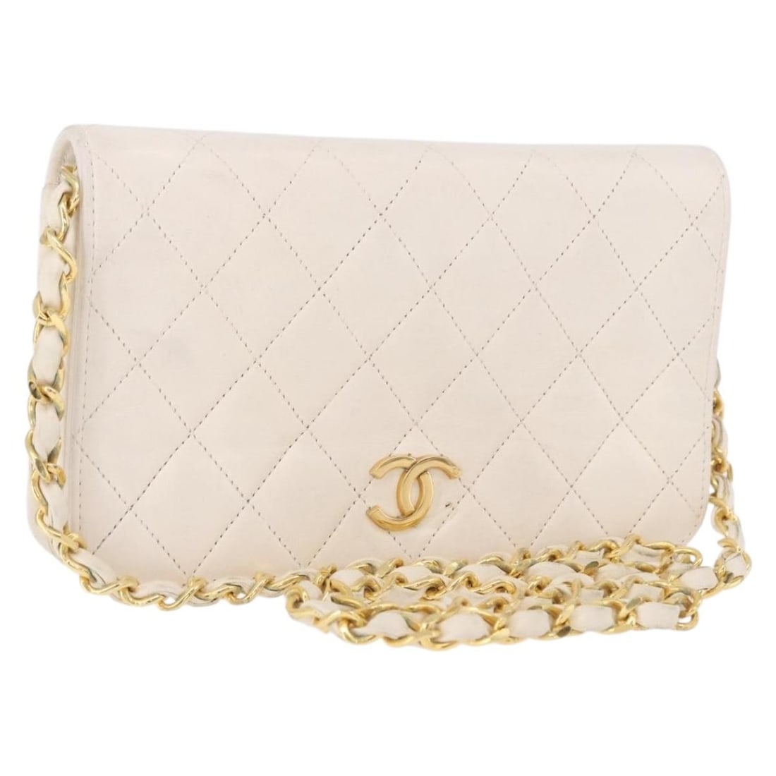 CHANEL Matelasse Lamb Skin Shoulder Bag White Gold CC: CHANEL Matelasse Lamb Skin Shoulder Bag White Gold CC Matelasse chain shoulder bag in white lamb skin with a gold CC accent. This women's shoulder bag is made in Italy and includes only the item shown