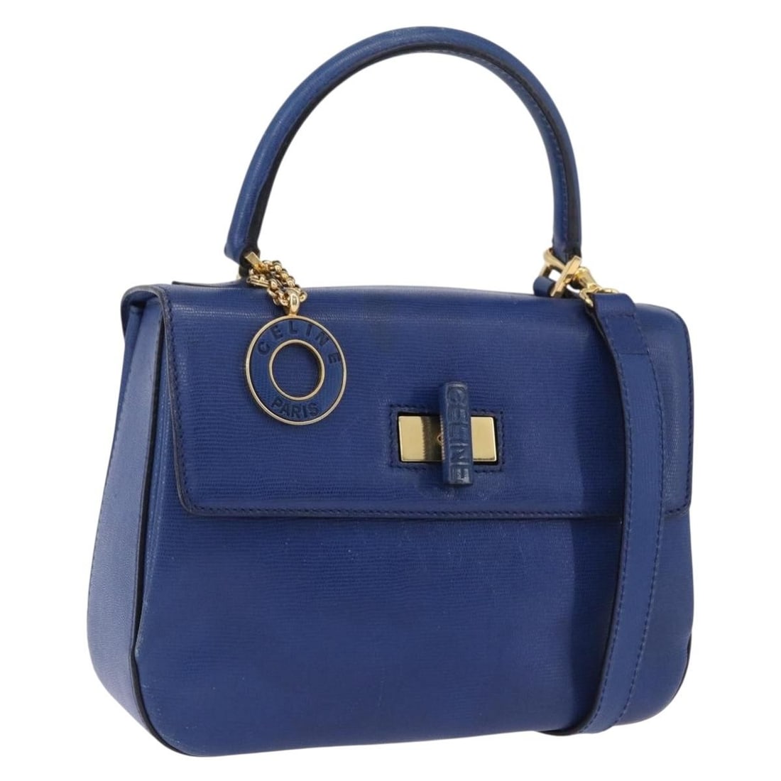 CELINE Circle 2way Leather Handbag Blue with Shoulder Strap: CELINE Circle 2way Leather Handbag Blue with Shoulder Strap Celine Circle 2-way handbag in blue leather with gold-tone accents. This women's bag includes a shoulder strap and can be carried by hand or