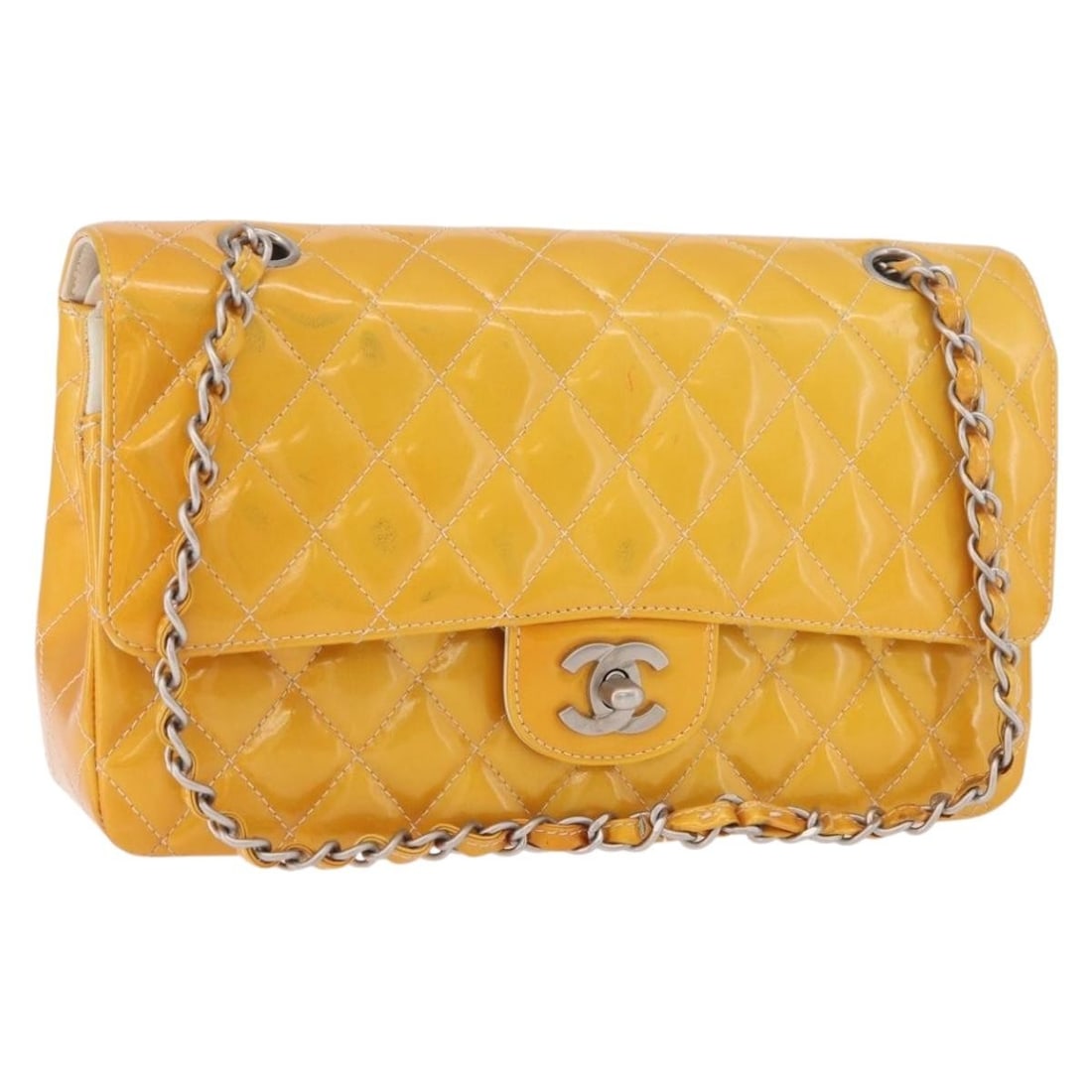 CHANEL Matelasse 25 Patent Leather Shoulder Bag Yellow Silver CC: CHANEL Matelasse 25 Patent Leather Shoulder Bag Yellow Silver CC CHANEL Matelasse 25 shoulder bag in yellow patent leather with silver-tone detailing. Made in France, this women's shoulder bag feature