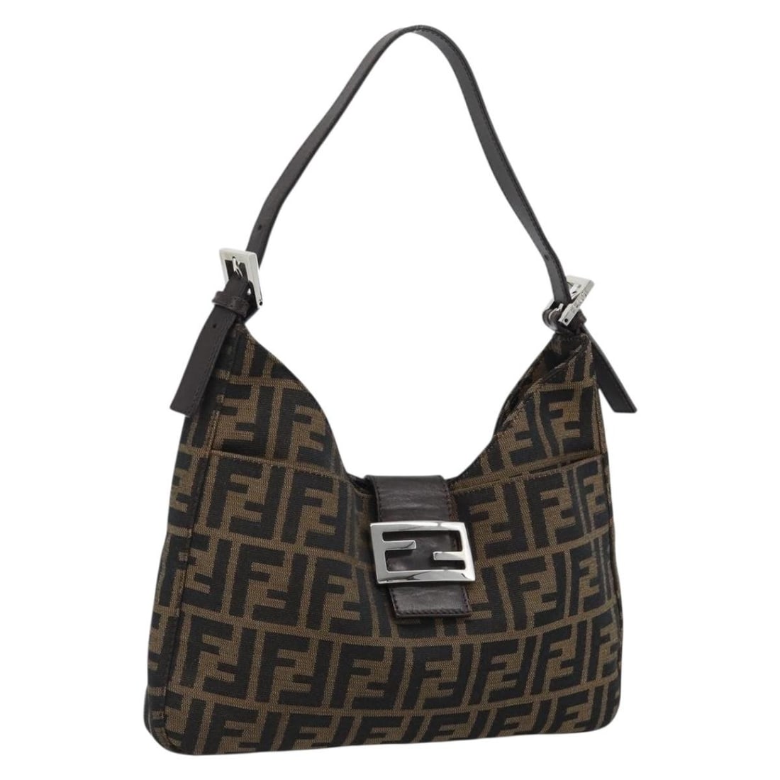 FENDI Mamma Baguette Shoulder Bag in Black Brown Zucca Canvas: FENDI Mamma Baguette Shoulder Bag in Black Brown Zucca Canvas Authentic FENDI Mamma Baguette shoulder bag in black and brown Zucca canvas. This women's shoulder bag is made in Italy and features an ad