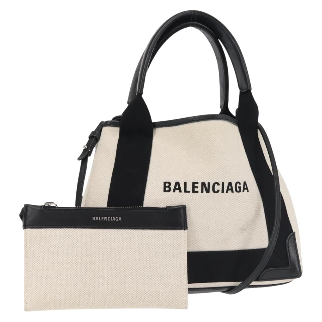 Balenciaga Navy Cabas XS Hand Bag Canvas White Black Silver 390346 Auth: Balenciaga Navy Cabas XS Hand Bag Canvas White Black Silver 390346 Auth This Balenciaga Navy Cabas XS Bag is a stylish hand bag crafted from durable canvas, featuring a chic color combination of white