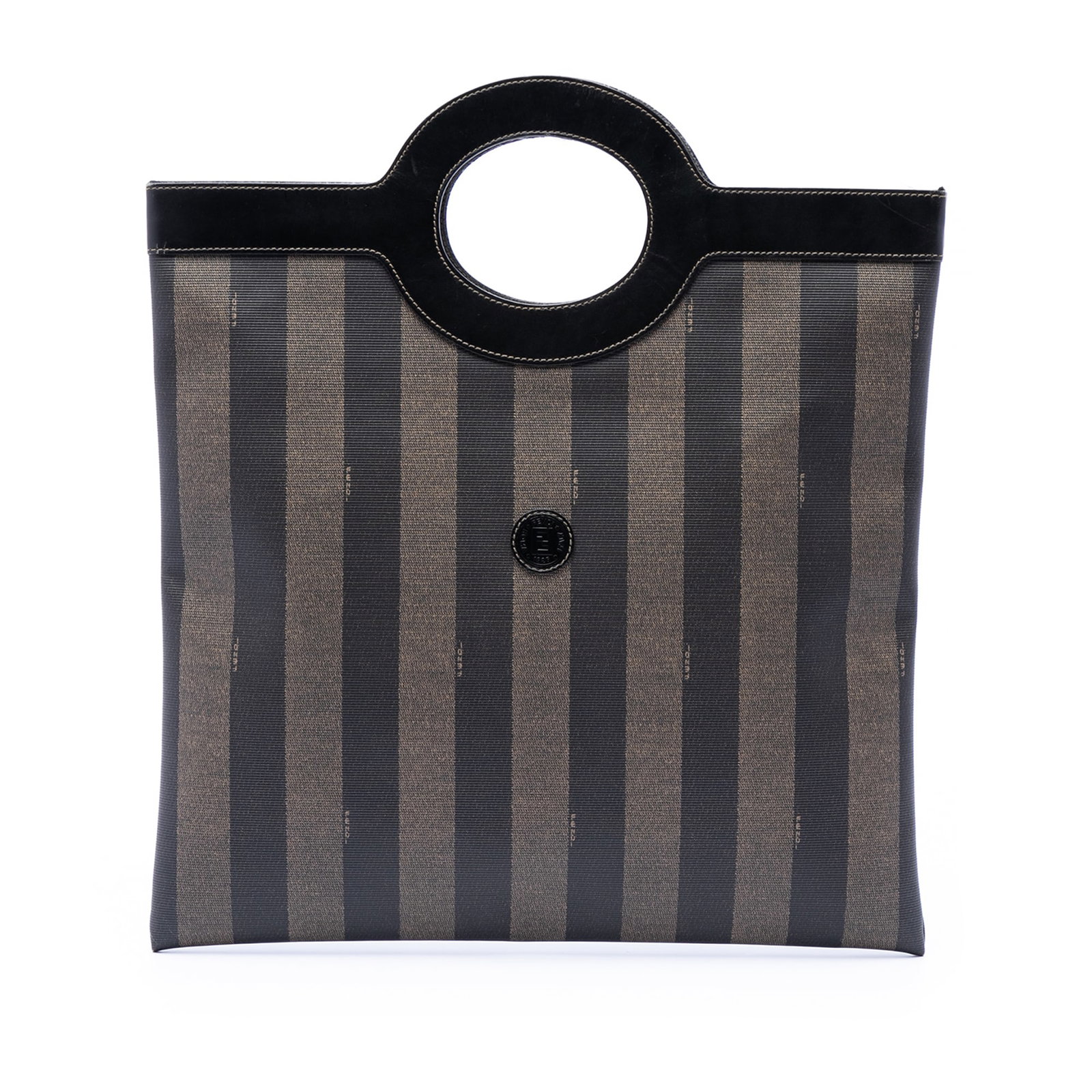 Fendi Pequin tote bag in brown coated canvas with leather trim: Fendi Pequin tote bag in brown coated canvas with leather trim Fendi Pequin tote bag in brown coated canvas with leather trim and flat cut-out leather handles. This open-top design is made in Italy an