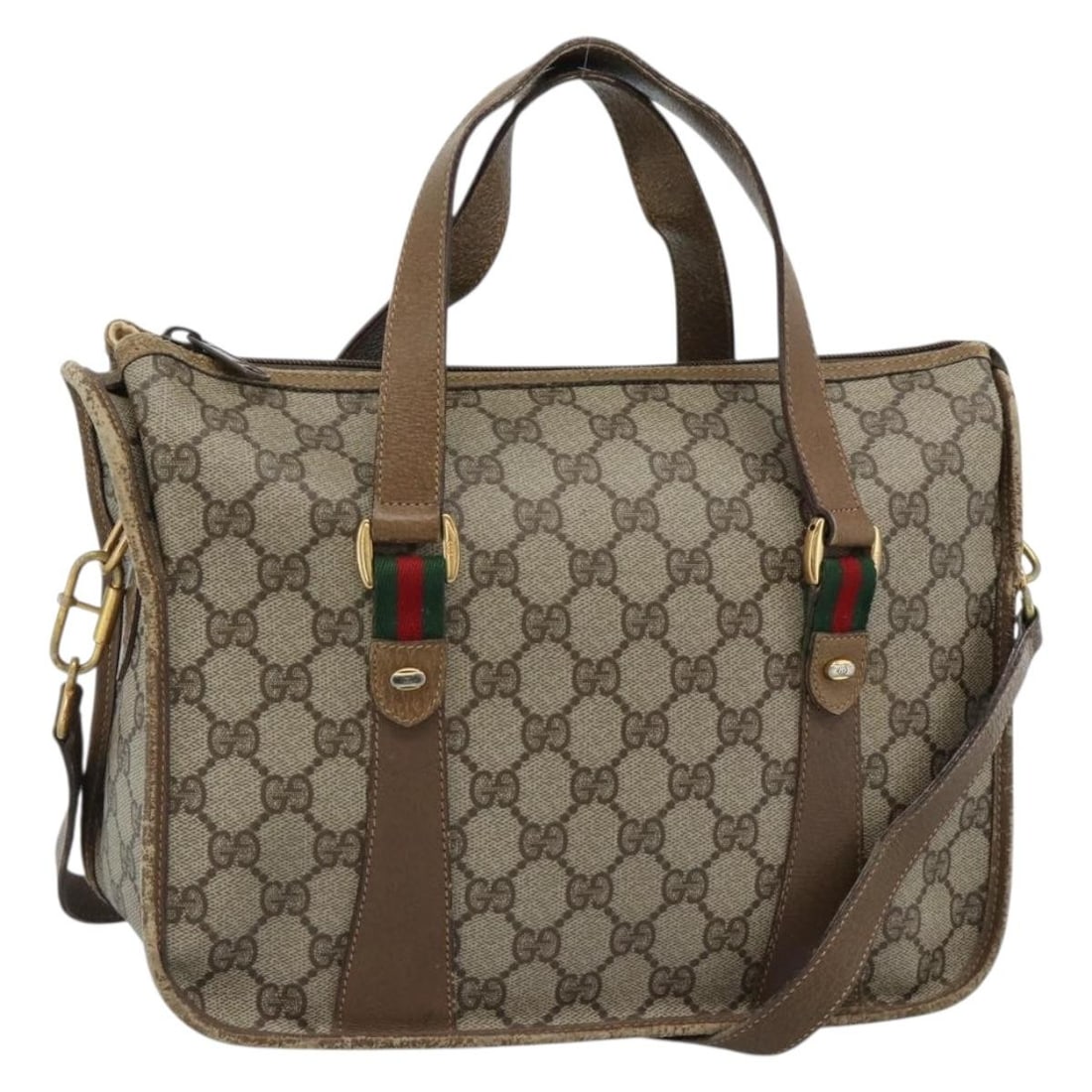 Gucci 41 02 039 GG Supreme Sherry Web 2way Handbag: Gucci 41 02 039 GG Supreme Sherry Web 2way Handbag Vintage Gucci GG Supreme Web Sherry Line 2-way handbag in beige and gold PVC leather with GG canvas trim. This women's bag includes a shoulder strap 