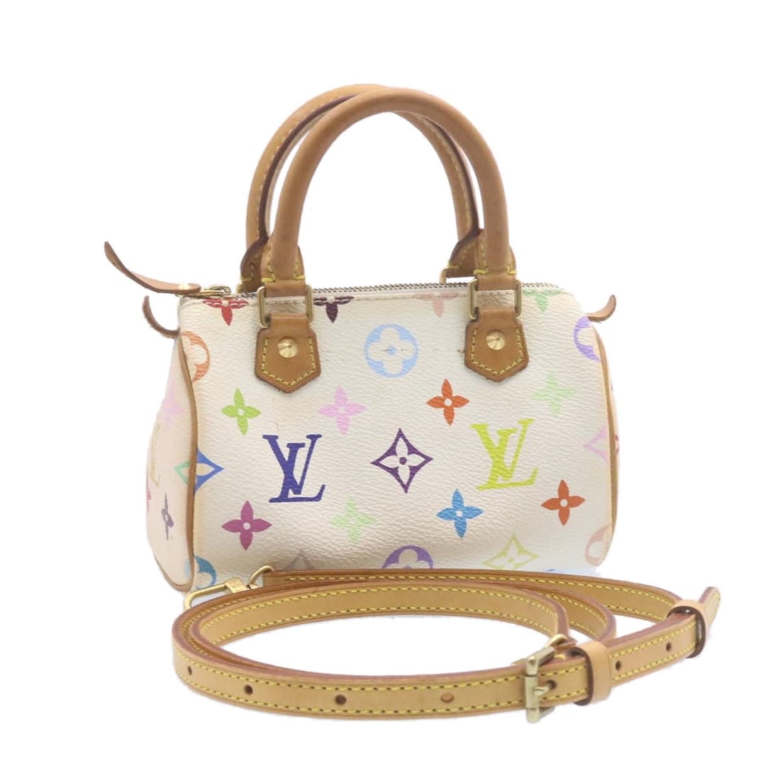 Louis Vuitton M92645 Mini Speedy White Monogram Multicolor Handbag: Louis Vuitton M92645 Mini Speedy White Monogram Multicolor Handbag Louis Vuitton Monogram Multicolor Mini Speedy handbag in white Monogram Multicolor canvas. Made in France, this women's handbag inclu