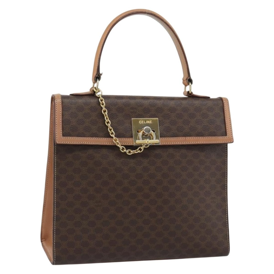 CELINE Macadam Brown PVC Leather Hand Bag Gold Tone: CELINE Macadam Brown PVC Leather Hand Bag Gold Tone Celine Macadam canvas hand bag in brown and gold-tone PVC leather. This women's bag is made in Italy and includes only the item shown. Condition is 