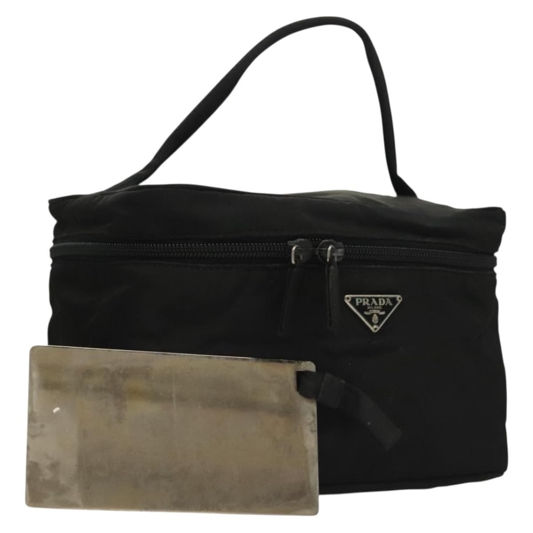 PRADA Black Nylon Vanity Pouch with Mirror and Guarantee Card: PRADA Black Nylon Vanity Pouch with Mirror and Guarantee Card PRADA vanity pouch in black nylon with silver-tone exterior accents, made in Italy. This women's pouch includes a guarantee card and mirro