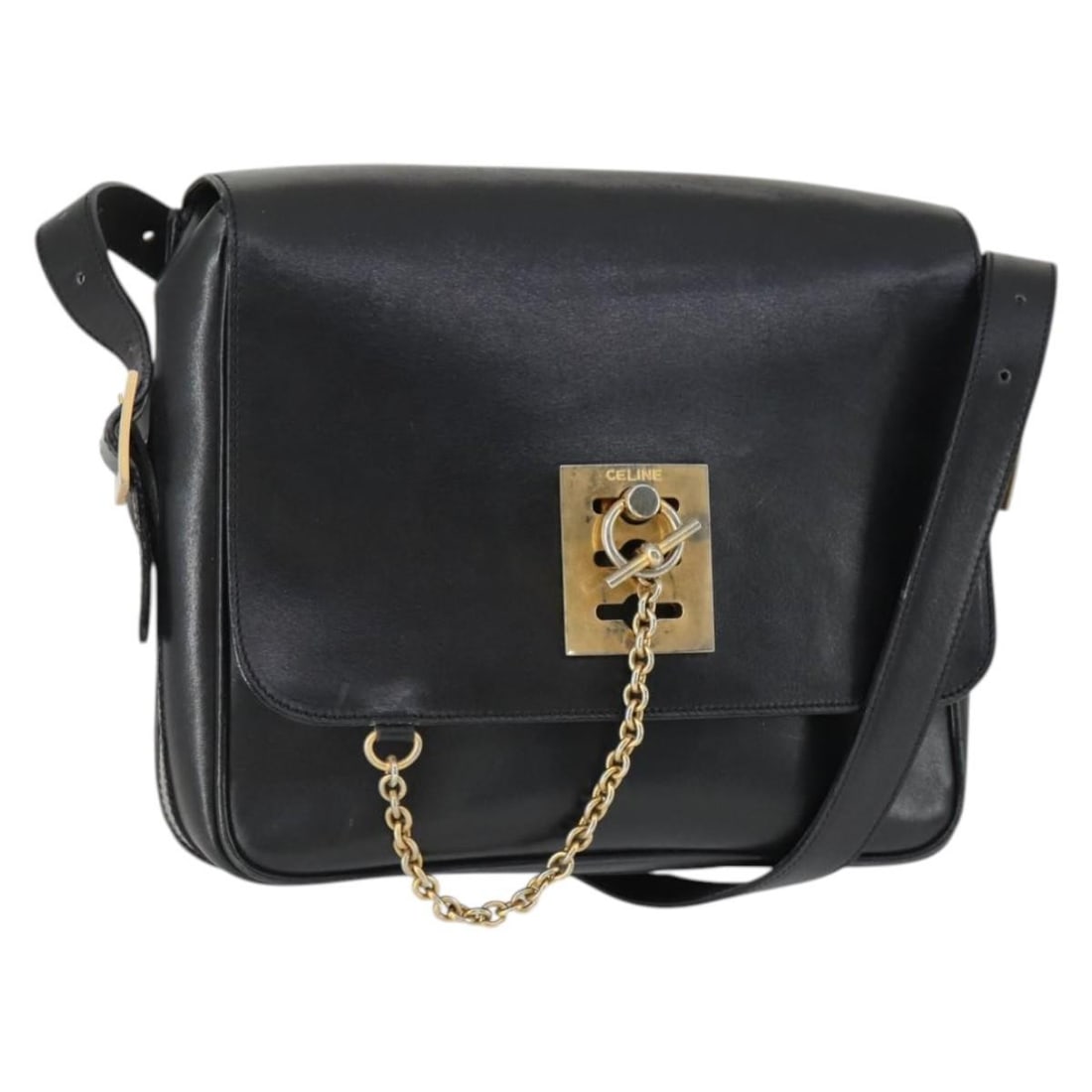 CELINE Black Leather Shoulder Bag Gold Tone Hardware: CELINE Black Leather Shoulder Bag Gold Tone Hardware Celine shoulder bag in black leather with gold-tone accents. Made in Italy, this women's bag includes an adjustable shoulder strap. Please note thi