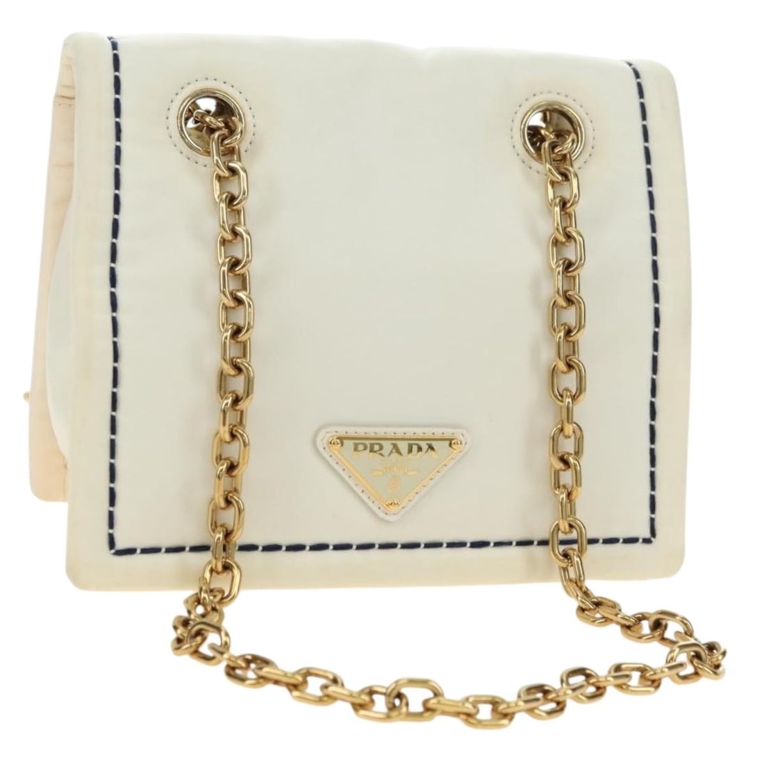 Prada Nylon Shoulder Bag White Gold Chain with Guarantee Card: Prada Nylon Shoulder Bag White Gold Chain with Guarantee Card Prada shoulder bag in white and gold nylon with a chain strap and included guarantee card. Made in Italy, this women's bag is a heavily us