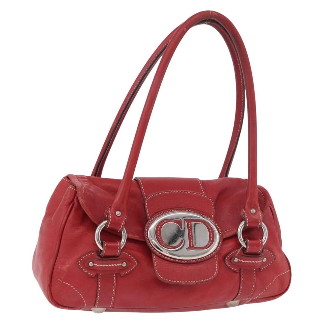 Christian Dior red silver leather handbag with charm Italy: Christian Dior red silver leather handbag with charm Italy Christian Dior leather handbag in red with silver-tone accents, made in Italy. This women's handbag includes a charm accessory. Condition is 