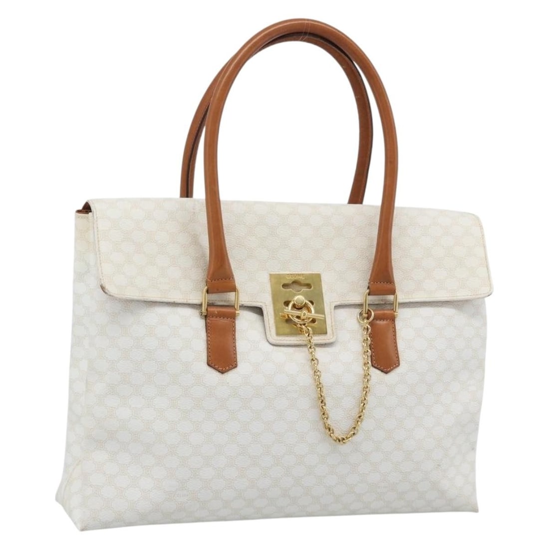 CELINE Macadam Canvas Handbag White and Gold PVC Leather: CELINE Macadam Canvas Handbag White and Gold PVC Leather Celine Macadam canvas hand bag in white and gold with PVC leather trim. Made in Italy, this women's bag is offered as the item only, without th